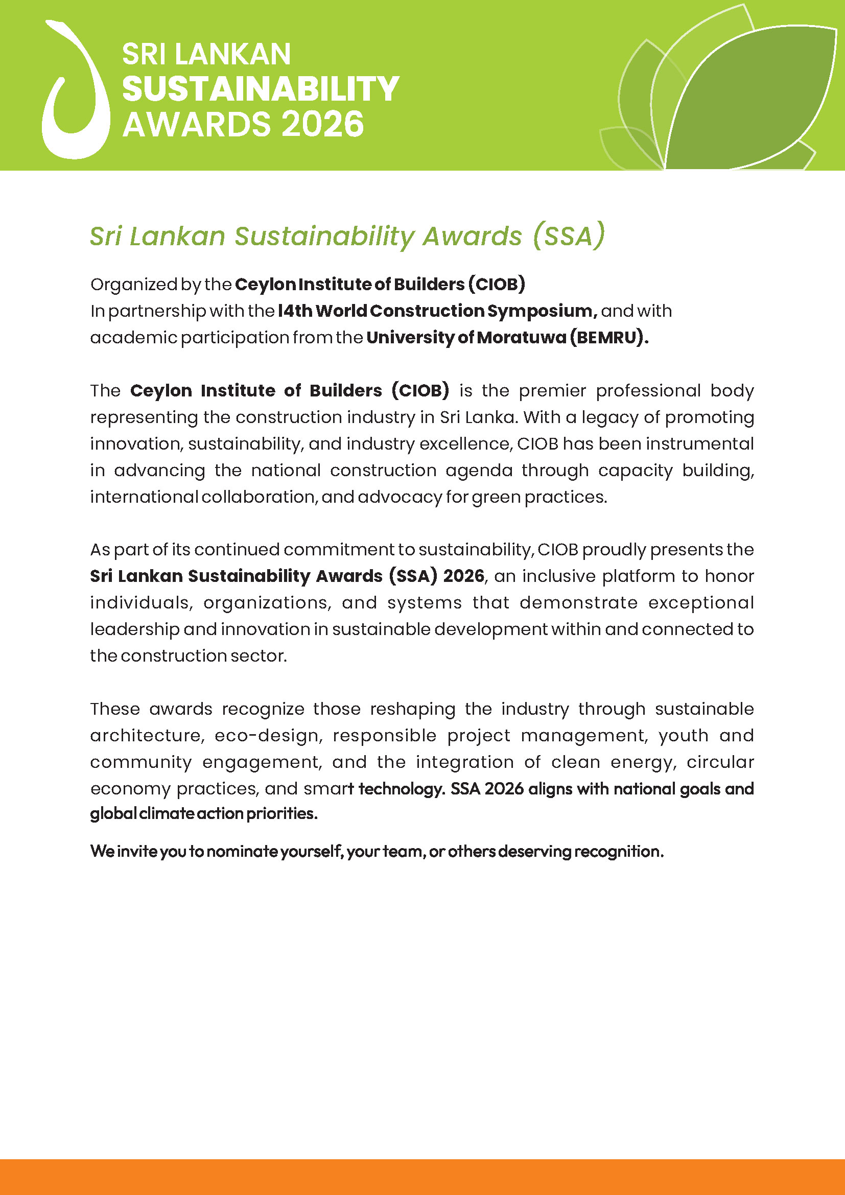 Nomination Form for SSA 2026 - Sri Lanka Sustainability Awards by CIOB